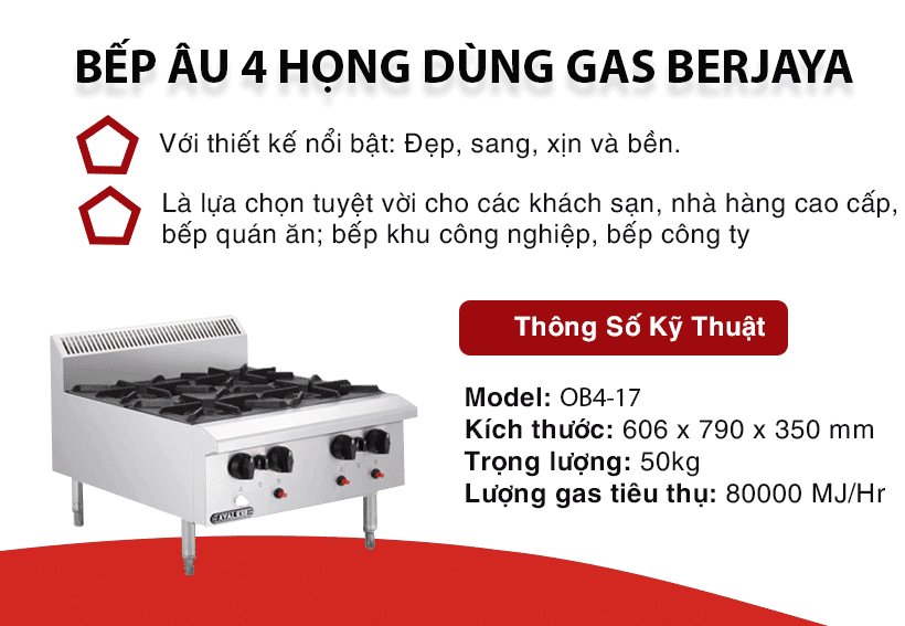 Bếp âu 4 họng Berjaya Ob4-17 thông số