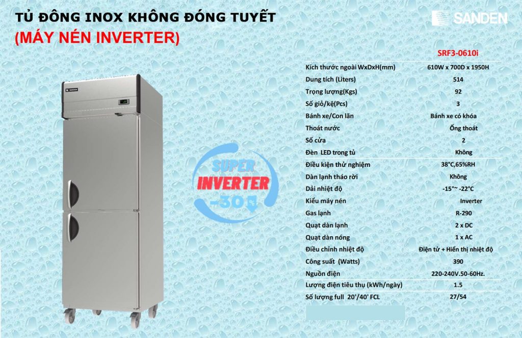 Tủ đông Srf3 - 0610i Sanden intercool inox thông số kỹ thuật