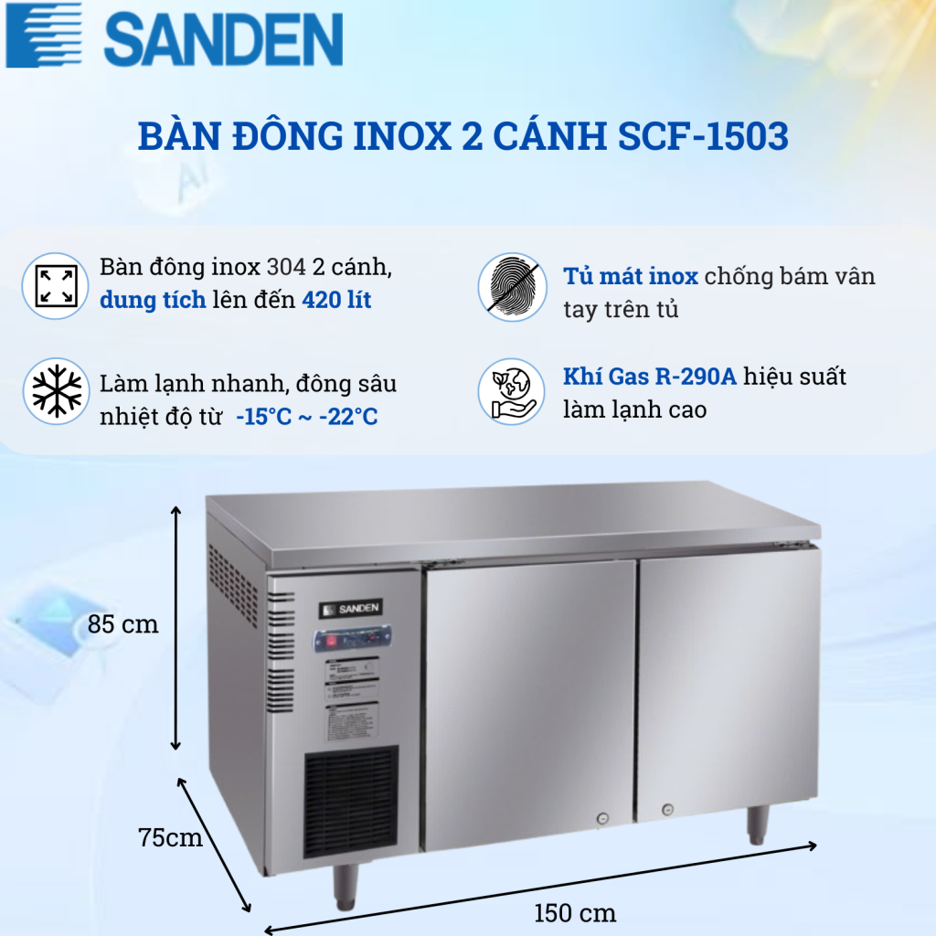 Bàn Đông Inox Sanden SCF-1503 420 Lít